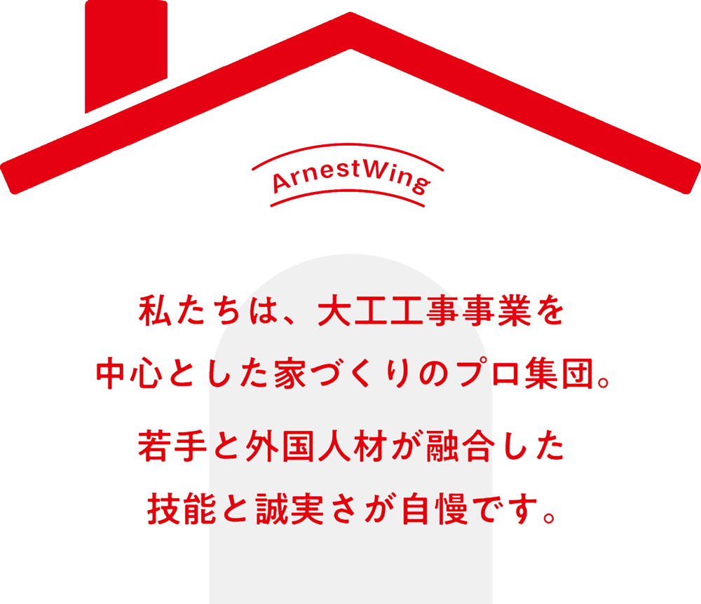 私たちは、大工工事事業を中心とした家づくりのプロ集団。　若手と外国人材が融合した技能と機動力が自慢です。